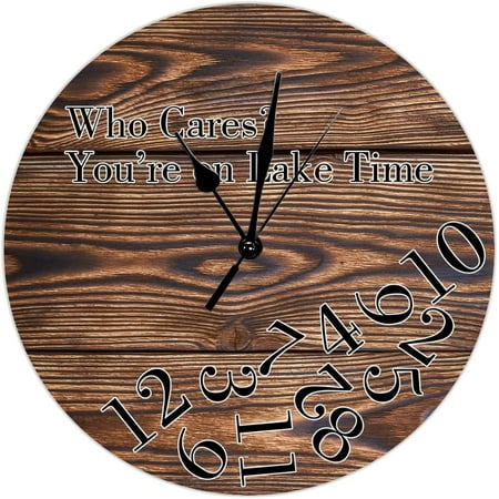 Round Clock Who Cares You'Re On Lake Time Wood Wall Clocks Vintage Brown Wood Grain Distressed Clocks Battery Operated Vintage Farmhouse Decorative Wall Clock For Bedroom 10Inch