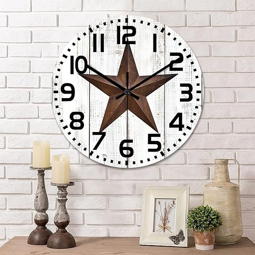 Round Farmhouse Wall Clock Western Texas Star Rustic Style Wood Clock Quiet Non-ticking Battery Operated with Large Numbers Classic Wall Hanging Analog Clock for Living Room Office Kitchen 15 Inch