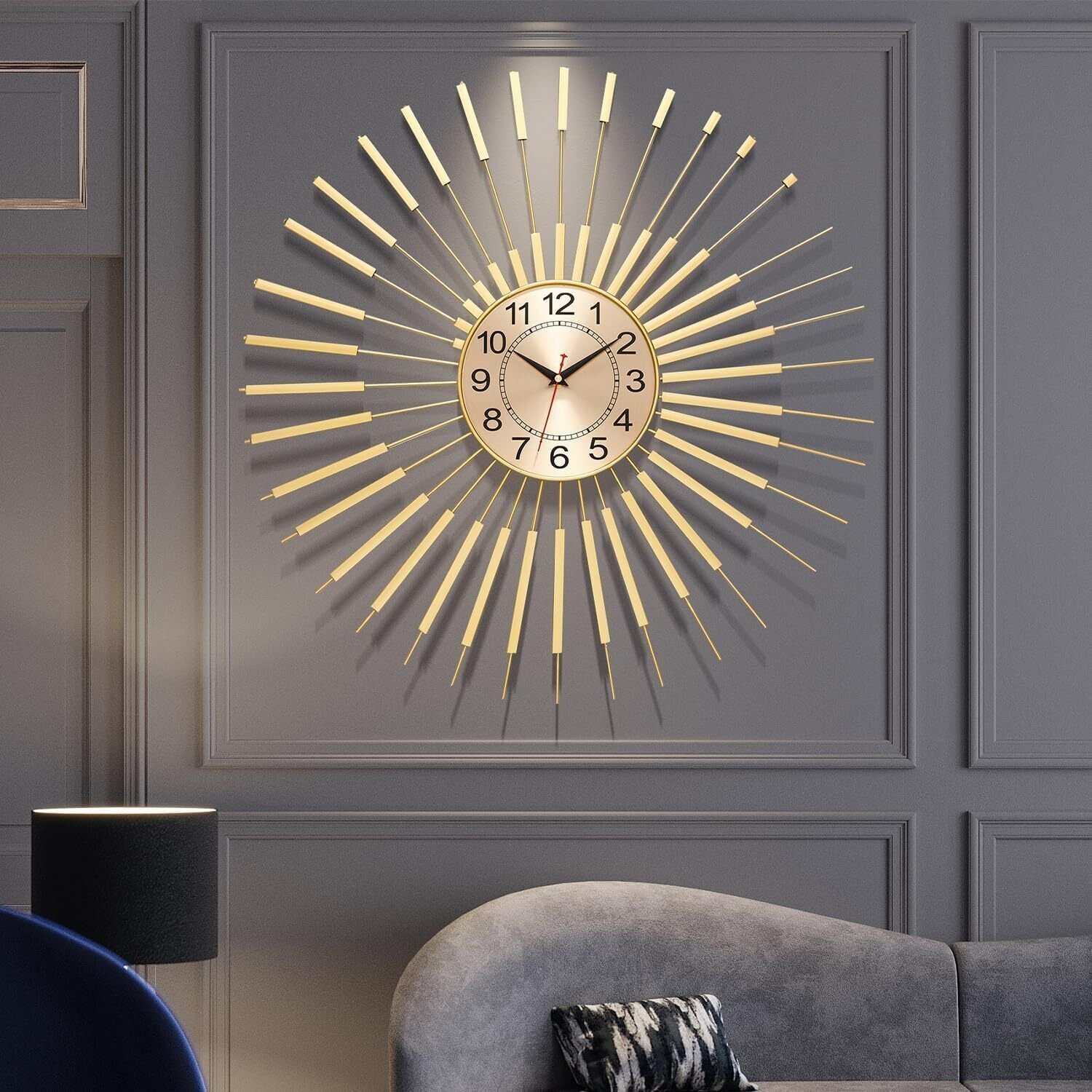 Round Gold Large Non-Ticking Battery Operated Sunburst Style Modern Wall Clock