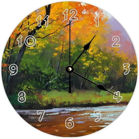 Round Nature Scenery Wall Clock - Beautiful Nature Art River Painting Natural Theme Wall Clocks For Kitchen, Office, Bedroom Decorative Hanging Clock, 10 Inches