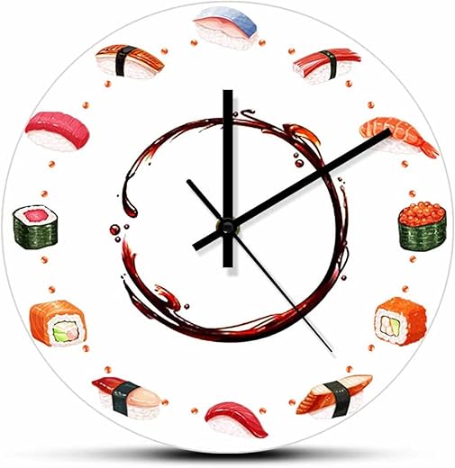 Round Wall Clock 12 Inch Japanese Cuisine Sushi Types Decorative Wall Clock for Kitchen Dinning Room Japan Resturant Nigiri Sashimi Food Art Quartz Clock