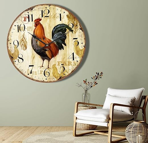 24 Inch Vintage Silent Wall Clock Battery Operated Decorative for Living Room,Retro Large Wall Clock Non-Ticking for Farmhuose Kitchen, Rustic Rooster Unique Clock for Bedroom Country