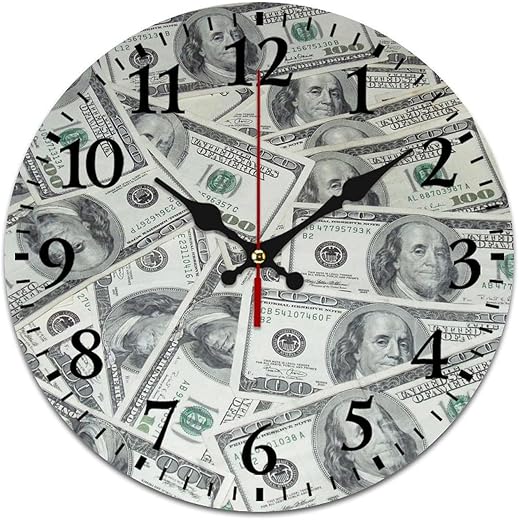 Round Wall Clock Compatible with Cool USA Dollar Bill, Silent Non Ticking Clock 13 Inch, Decor for Bathroom, Bedroom, Kitchen, Office