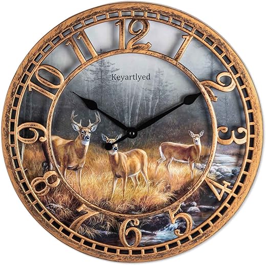 Round Wall Clock Farmhouse Plastic Deer Clock Battery Operated Silent Non-Ticking Rustic Clock 12 Inch for Home Kitchen Living Room Bedroom Office Decor (Antique Copper)