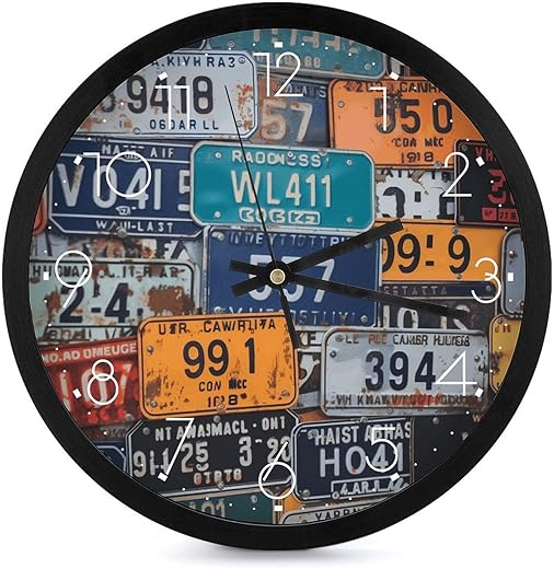 Round Wall Clock, License Plate Print Silent Wall Clock Modern Wall Clock Decorative Wall Clock Living Room Wall Clock