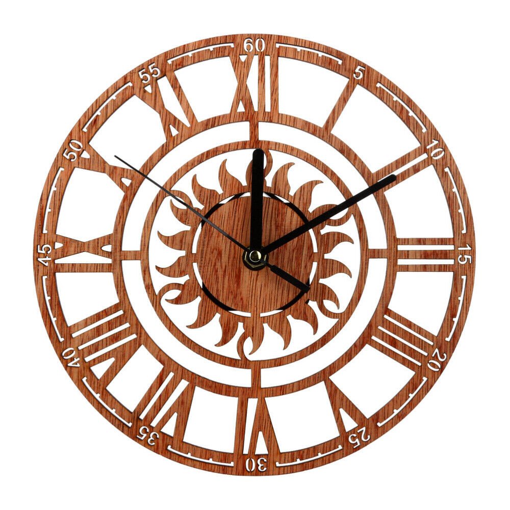 Round Wall Clock Modern Wooden Hanging Clock Novel Sun Shaped Clock with Roman