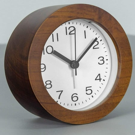 Round Wooden Alarm Clock with Arabic Numerals, Non-Ticking Silent, Backlight, Battery Operated, Nature