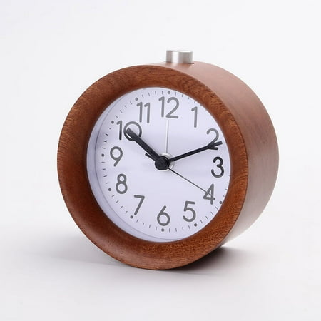 Round Wooden Alarm Clock with Arabic Numerals, Non Ticking Silent, Backlight, Battery Operated, Nature