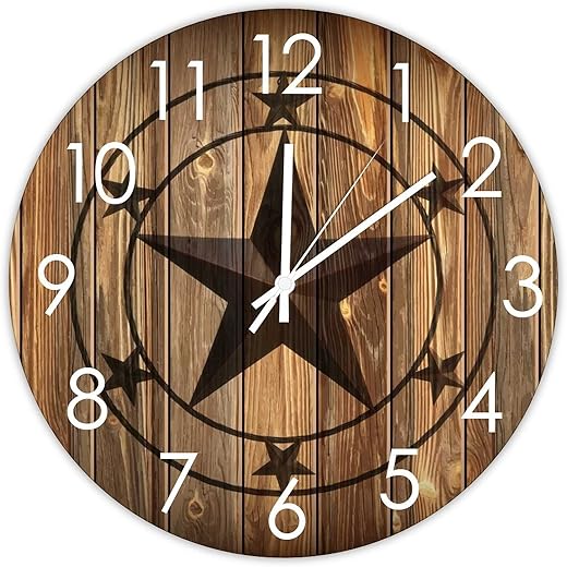 Round Wood Wall Clock Western Texas Star Silent Battery Operated Wooden Wall Clock Country Western Country Farmhouse Home Décor for Living Room House Kitchen