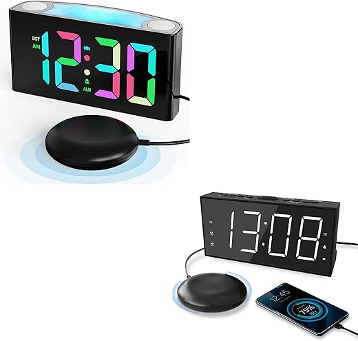 Roxicosly Loud Bed Shaker Alarm Clock for Heavy Sleepers + Vibrating Alarm Clock with RGB Digits & Colorful Night Light