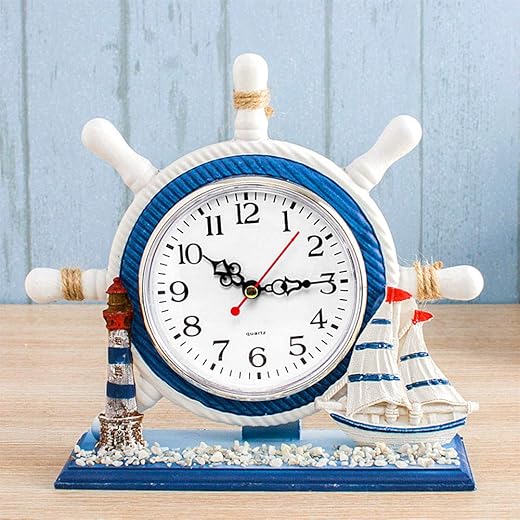 RTGGSEL Mediterranean Style Nautical Silent Desk Clock Lighthouse Helm Wooden Clocks Sailboat Steering Wheel Shelf Clocks Home Decor Clock Ornament (7.87