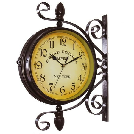 Ruibeauty Vintage Inspired Double Sided Wall Clock Wrought Iron Train Grand Station Style