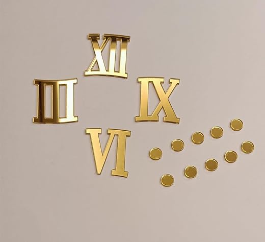 RUIXUAN Set of 2 Roman Acrylic Numbers (Numerals) with Round Dots,Mirrored Self Adhesive Mirrored Numbers and Dashes for a Wall Clock (Gold Mirror, 3CM)