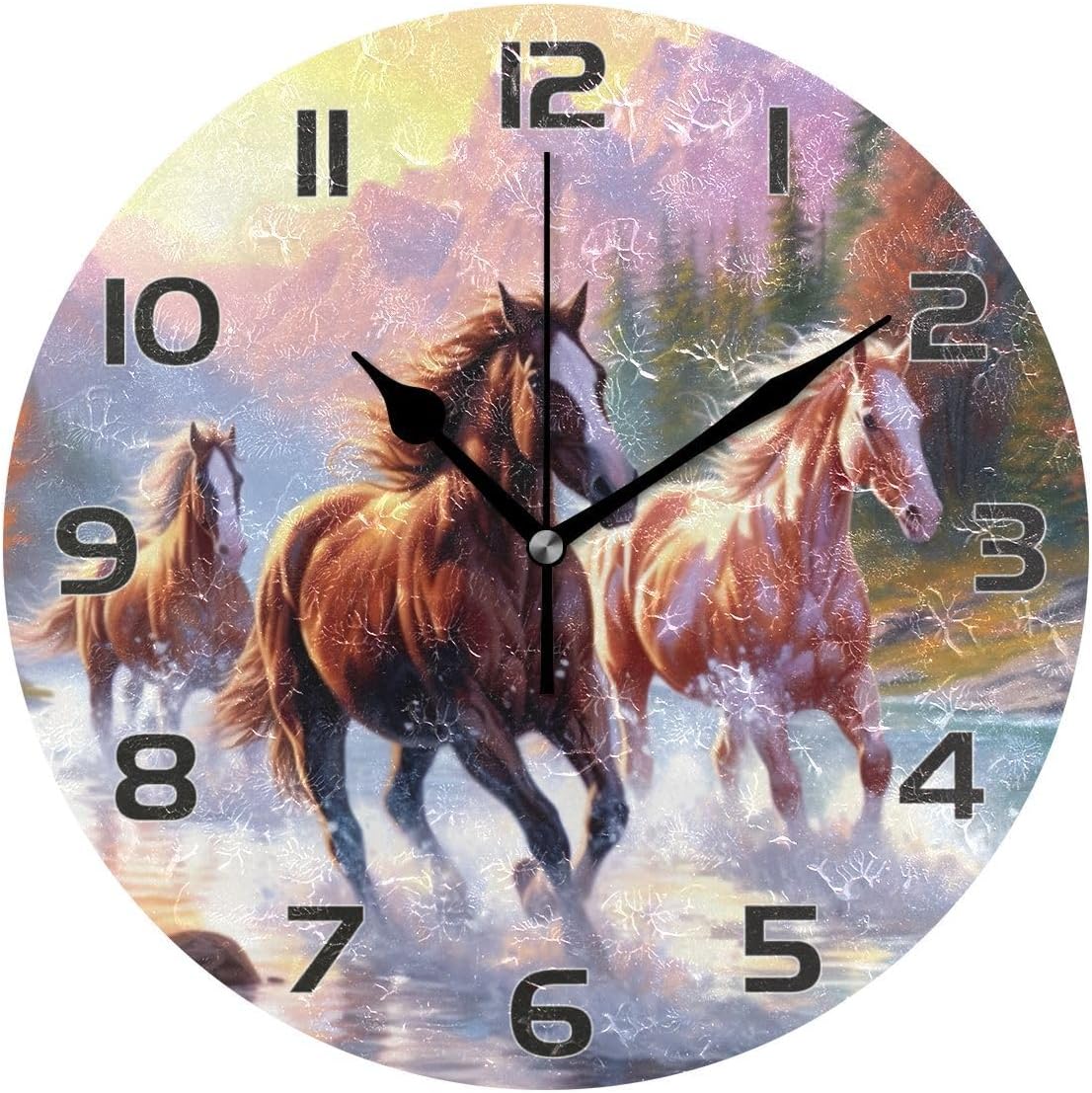 Running Horses Non Ticking Round Wall Clock Battery Operated Oil Painting Home Office School Decor Dual Use Art Clock 9.45 Inch