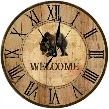 Rustic Black Bear Wall Clock Cabin Decor Customized Welcome Wall Clock Round Decorative Clocks Battery Operated 12 Inch Silent Shabby Chic Wall Decor Home Decor For Living Room Kitchen Bedroom Office