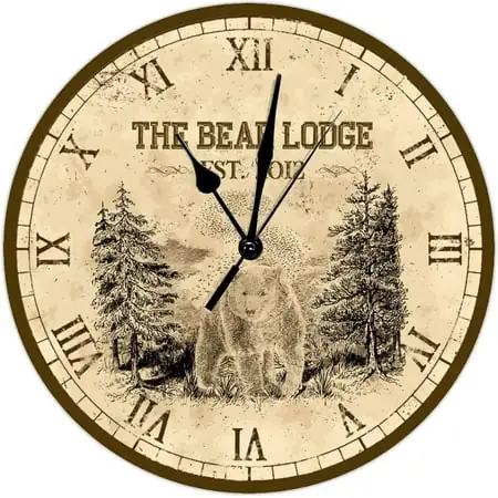 Rustic Black Bear Wall Clock Mountain Lodge Decor Customized Wall Clock Round Decorative Clocks Battery Operated 12 Inch Non-Ticking Retro Wall Decor Home Decor For Living Room Kitchen Bedroom Office