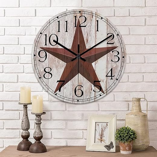 Rustic Farmhouse Wall Clock Western Texas Star Country Vintage Style Wood Clock Silent Non-Ticking Battery Operated Wooden Analog Clock for Living Room Bathroom School Home Accent 10 Inch