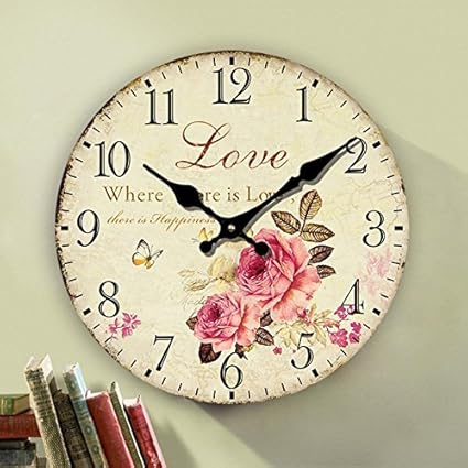 Rustic Floral Clock Clock, 12-inch Europe Country Style Romantic Sweet Roses Butterfly Shabby Chic Style Large Size Wall Clock Livingroom Bedroom Art Deco(Love,C-62)