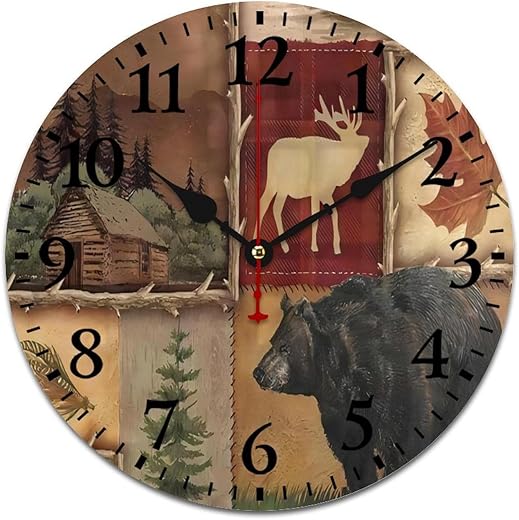 Rustic Lodge Bear Moose Deer Silent Wall Clock, Vintage Rustic Decoration Round Wall Clock for Bedroom, Bathroom, Living Room, Home Office(11.8in)