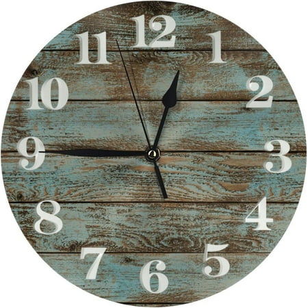 Rustic Old Barn Wood Print Round Wall Clocks Battery-Powered Decorative Farmhouse Wall Clock 10 Inch Silent Non-Ticking Wall Clocks For Living Room Bedroom Kitchen Office Home Decor