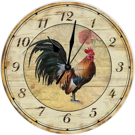 Rustic Rooster Chicken Clock Kitchen Clocks Fresh Farm Wooden Wall Clocks Battery Operated 12 Inch Silent Non-Ticking French Retro Farm Home Decor Wall Decor For Office School Bathroom