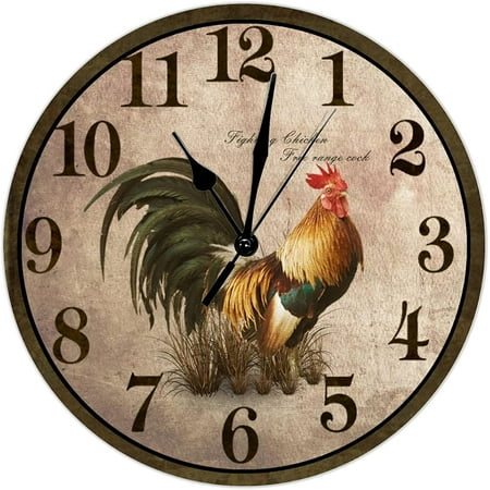 Rustic Rooster Chicken Wall Clock Kitchen Clocks Fighting Rooster 12 Inch Round Wall Clocks Battery Operated Silent French Retro Home Decor For Bedroom Living Room Office