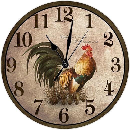 Rustic Rooster Chicken Wooden Wall Clock Kitchen Decor Fighting Rooster Round Decorative Clocks Battery Operated 10 Inch Non-Ticking Shabby Chic Home Decor for Living Room Bedroom Office