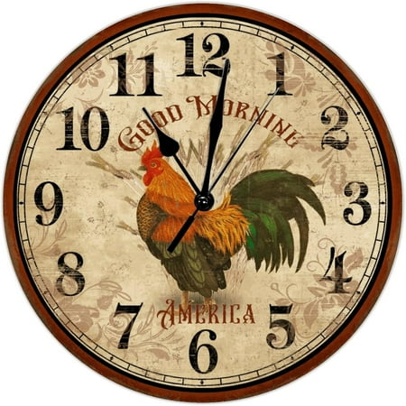 Rustic Rooster Hen Good Morning Round Wall Clock 10Inch Round Clocks Hen Themed Rooster Wooden Wall Clocks Non Ticking Operated Wall Clock Country Tuscan Style For Kitchen Dinning Room Birthday Gift