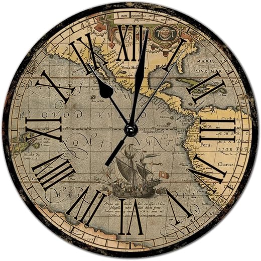 Rustic Style Round Wood Wall Clocks Retro World Map Roman Numerals Woodn Clock Battery Operated Silent Non-Ticking Wall Clocks for Cottage Living Room Bedroom Office 15x15in Decorations