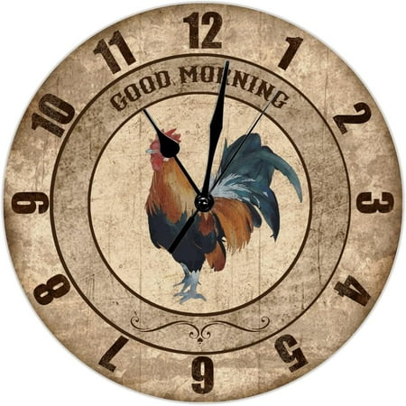 Rustic Watercolor Rooster Wooden Wall Clock Kitchen Clock Good Morning Rooster 15 Inch Wall Clocks Battery Operated Silent Non-Ticking Retro Wall Decor For Office School Bathroom