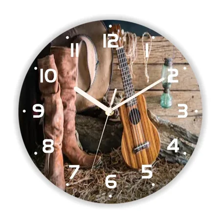 Rustic Western Cowboy Wall Clock for Farmhouse Old American Country Music Large Round Watch LIving Room Kitchen Home r