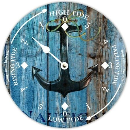 Rustic Wood Tide Clock Vintage Nautical Anchor Tidal Clock Moon Clock Silent Non-Ticking Battery Operated Wooden Wall Clock For Living Room Bedroom Cottage Beach Boat Home Decor 12 Inch