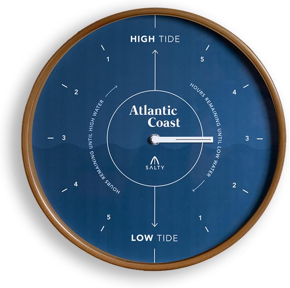 SALTY Home - Tide Clock - Coastal Decor - 12.2Inch Wall Clock - Premium Wood Dial - Silent Clock Movement - Quartz Mechanism - Battery Operated - Atlantic Coast Classic Blue