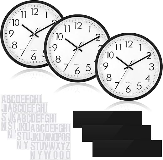 Sasylvia 3 Pcs 10 Inch Wall Clock Battery Operated Round Clock with 3 Pcs Black Acrylic Sheets 4 Sheets of Self Adhesive Vinyl Letter Stickers Alphabet Stickers for School Office Home