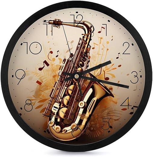 Saxophone Musical Notes Wall Clocks Silent Non-Ticking Vintage Round Clock Decorative for Home Office