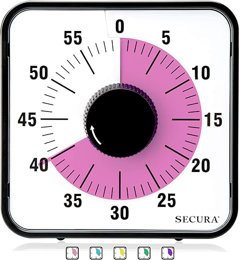 Secura 60-Minute Visual Countdown Timer, 7.5-Inch Oversize Classroom Visual Timer for Kids and Adults, Durable Mechanical Kitchen Timer Clock with Magnetic Backing (Peony Color)