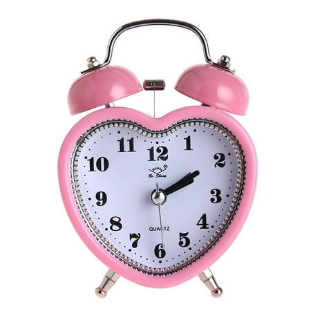 SeekFunning Students Seniors 3in Twin Bell Loud Alarm Clock Silent Analog Quartz Nightlight Clock Battery Operated for Heavy Sleepers Heart,Pink