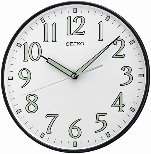 SEIKO 12 Inch Black Framed Luminous Numbered Wall Clock