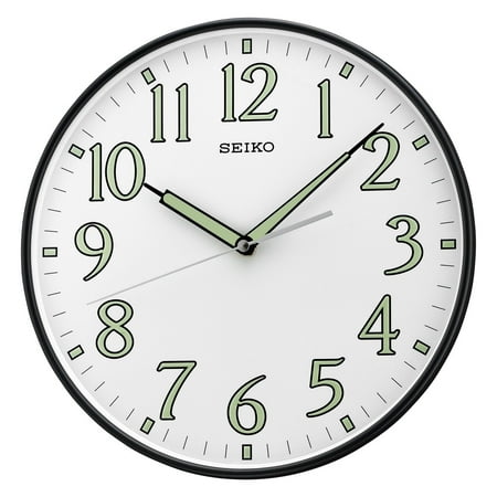 Seiko 12 inch Classic Round Black Watch Wall Clock w/ Luminous Numbers, Quartz, Analog, QXA521KLH