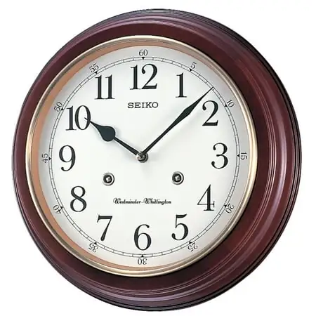 Seiko 12 Round Wooden Brown Grain Finish Wall Clock with Dual Quarter Hour Chimes Analog Arabic Numerals Quartz QXH202ZLH