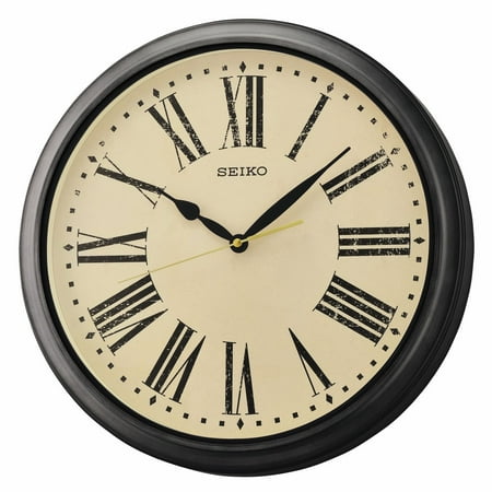 Seiko 16 Splash Resistant Round Ivory Black Battery Outdoor Wall Clock, Traditional, Quartz, Analog QXA771JLH