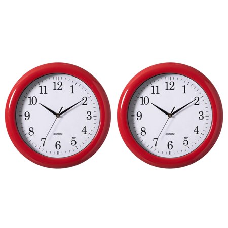 Set of 2 13.75 Plastic Red Round Silent, Non-Ticking Battery Operated Simple Modern Analog Wall Clock. Perfect for Office, Classroom, Living Room, Dining Room, Bed Room and Kitchen Wall Decor.