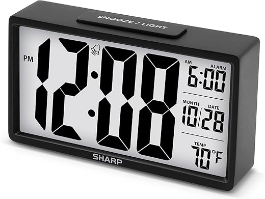 Sharp Alarm Clock with Easy to Read 2.8” Jumbo Screen with Indoor Temperature, Nightlight, Calendar, Battery Operated Digital Clock for Bedrooms or Travel, Black