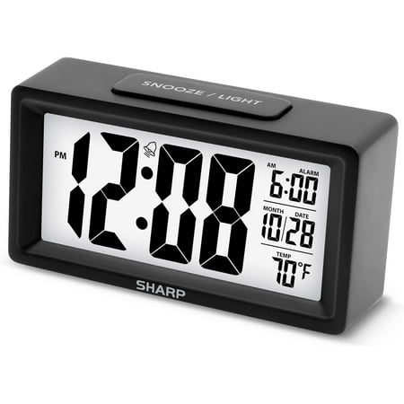 SHARP Alarm Clock with Indoor Temperature, Nightlight, Calendar, Battery Operated Digital Small Clock for Bedrooms or Travel, Black