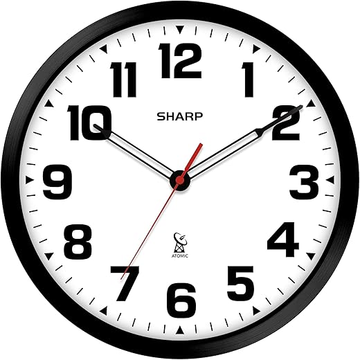 SHARP Atomic Analog Wall Clock - 12" Black Stylish Frame - Sets Automatically- Battery Operated - Easy to Read - Easy to Use – Modern Design and Style