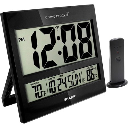 Sharp Atomic Clock - Never Needs Setting! - Jumbo 3 Easy to Read Numbers - Indoor/Outdoor Temperature Display with Wireless Outdoor Sensor - Gloss Black