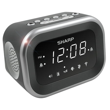 Sharp Big Bang Super Loud Alarm Clock, 6 Extremely Loud, Silver/Black, White LED Display