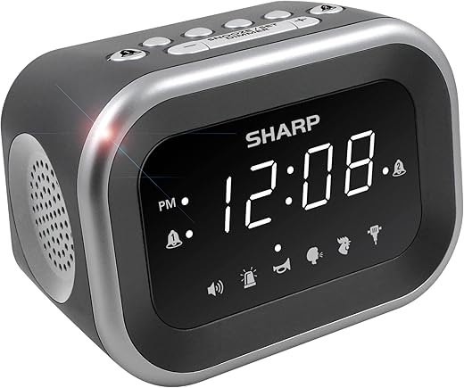 Sharp Big Bang Super Loud Alarm Clock for Heavy Sleepers, 6 Extremely Loud Wake Up Sounds: Rooster, Bugle, Nagging Mom, Jackhammer, Siren, Beep– Up to 115db Volume, Silver/Black with White LED Display