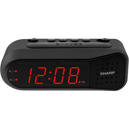 Sharp Digital Alarm Clock Black Case Red Display Ascending Alarm