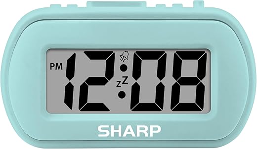 SHARP Digital Alarm Clock – Tactile Case with Soft Rubberized Finish - Battery Operated – Blue Backlight on Demand – Ascending Alarm – Easy to Use - Mint